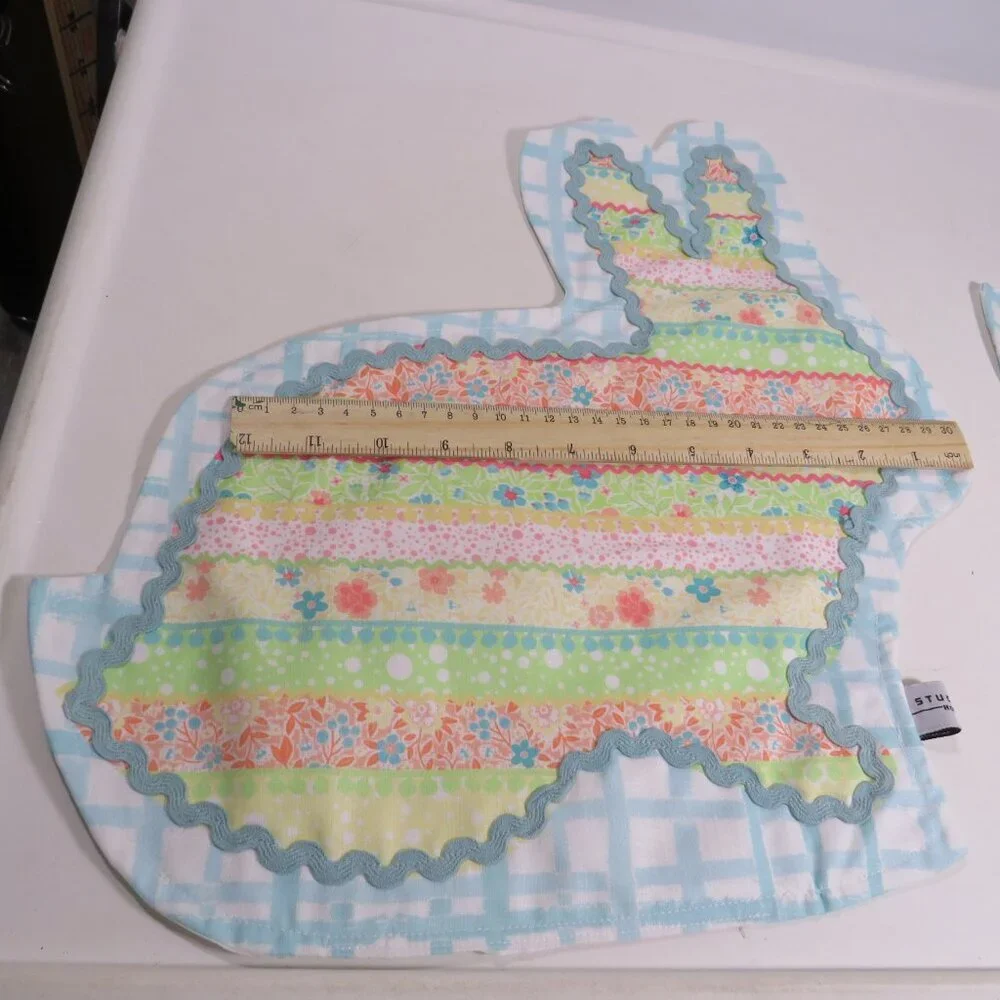 Fabric Easter Bunny Rabbit (4) Placemats with Rick Rack, stripes- quilted look,